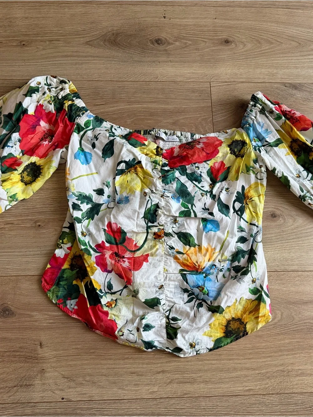 Zara Floral Off-Shoulder Puff-Sleeve Top - White with Multicolor Floral